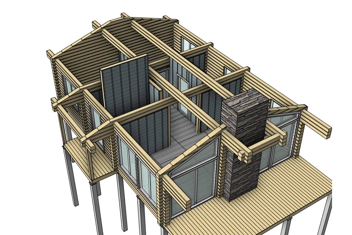 Overhead view of a modern wooden house under construction, showing interior framing and floor plan.