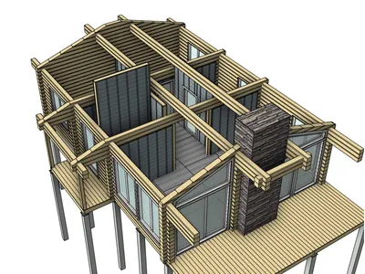 Overhead view of a modern wooden house under construction, showing interior framing and floor plan.