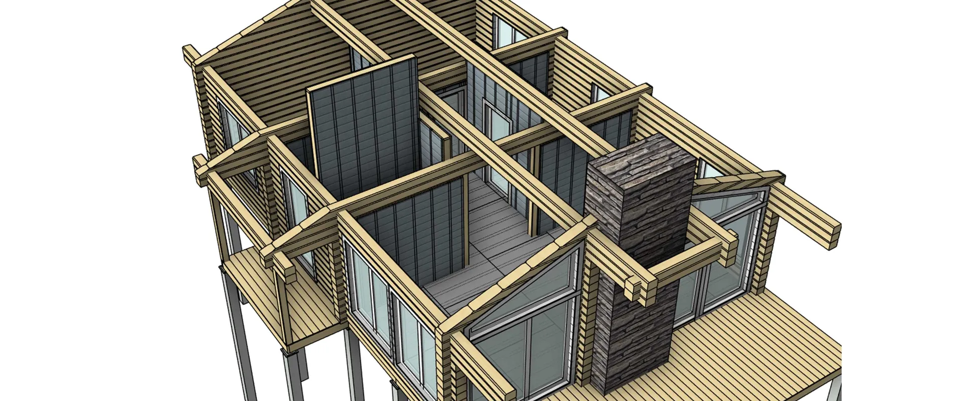 Overhead view of a modern wooden house under construction, showing interior framing and floor plan.