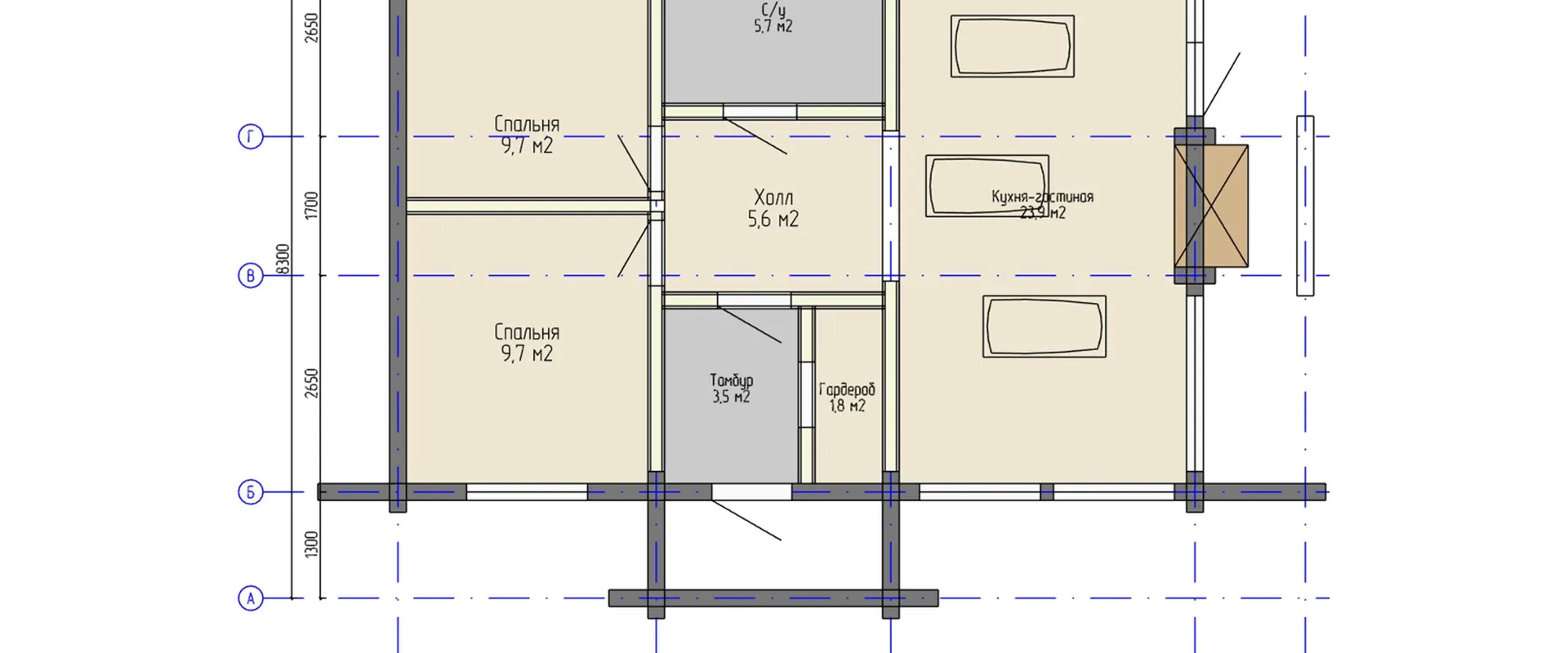 Architectural floor plan of a compact two-bedroom log cabin with dimensions labeled.