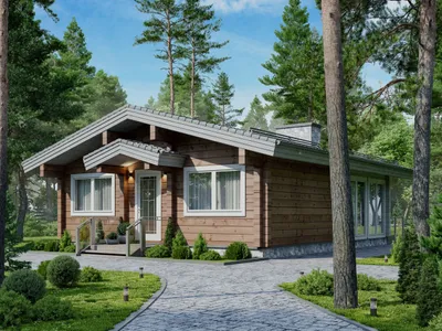 A charming wooden cabin with a gray roof surrounded by lush green trees and a paved pathway.