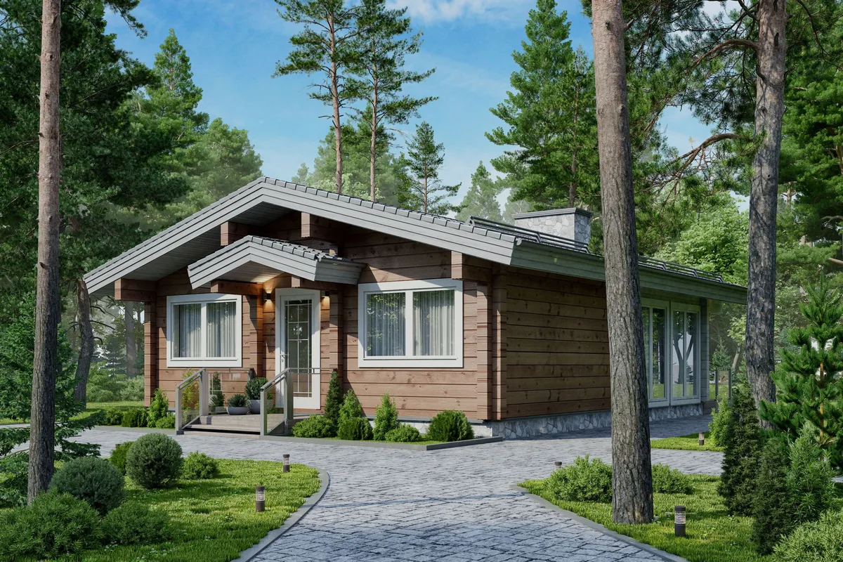 A charming wooden cabin with a gray roof surrounded by lush green trees and a paved pathway.