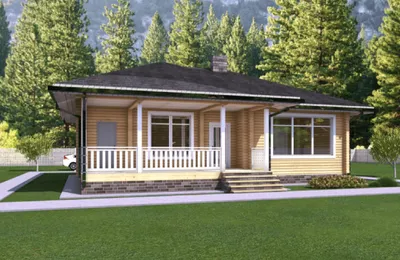 A modern wooden house with a covered porch and large windows, nestled among green trees.