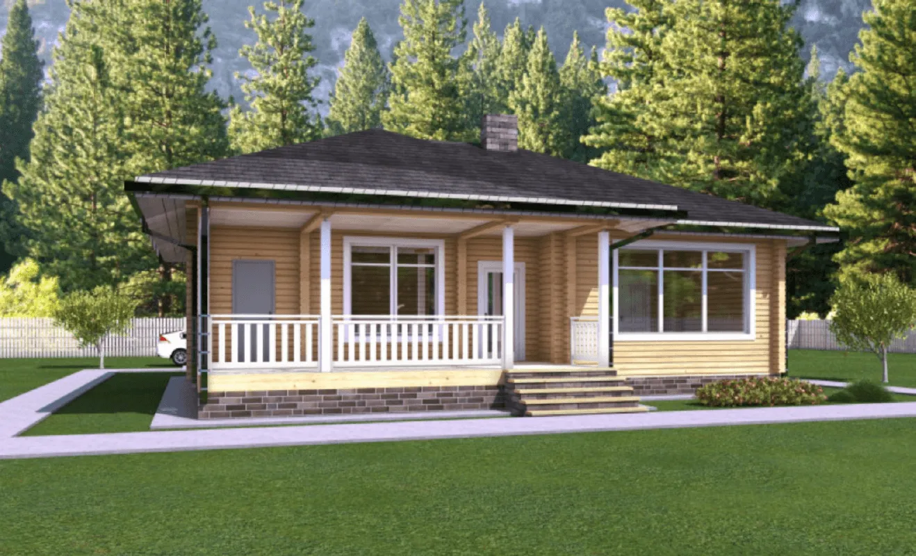 A modern wooden house with a covered porch and large windows, nestled among green trees.