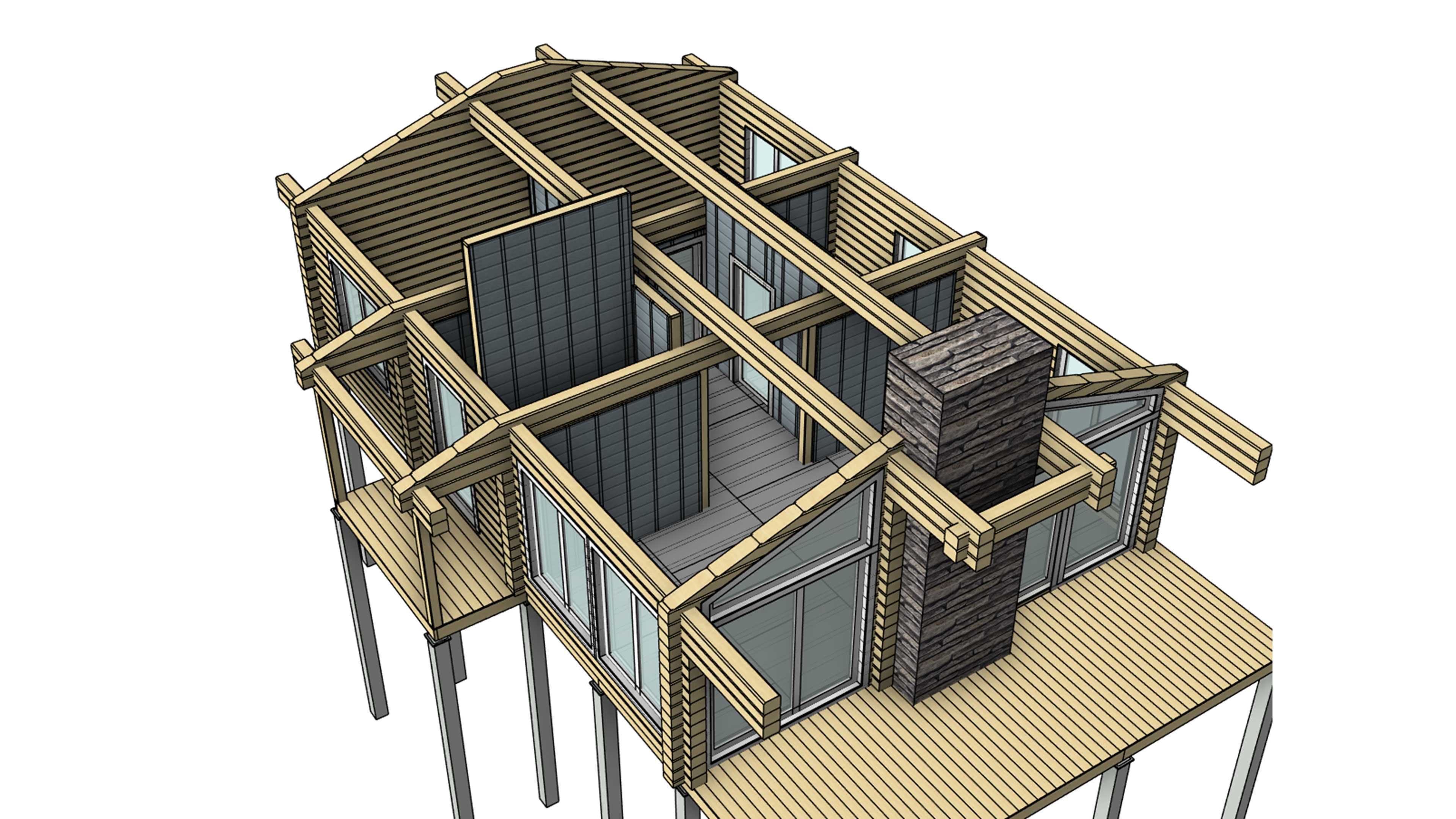 Overhead view of a modern wooden house under construction, showing interior framing and floor plan.