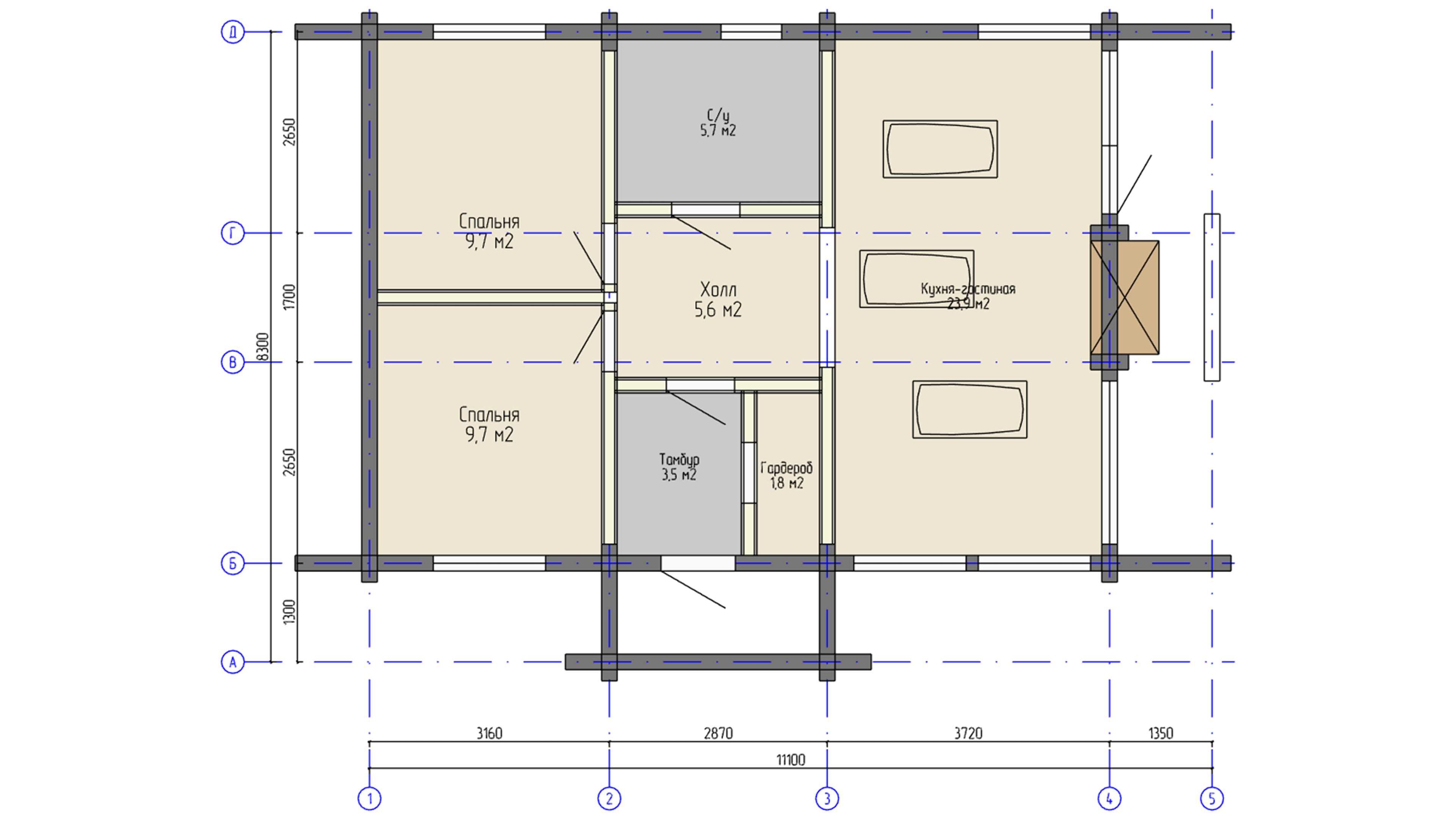 Architectural floor plan of a compact two-bedroom log cabin with dimensions labeled.