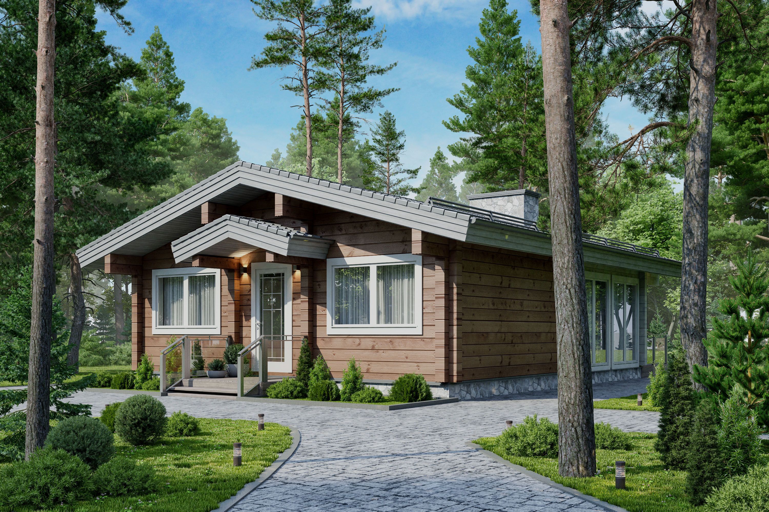 A charming wooden cabin with white trim and large windows, nestled among tall green trees.