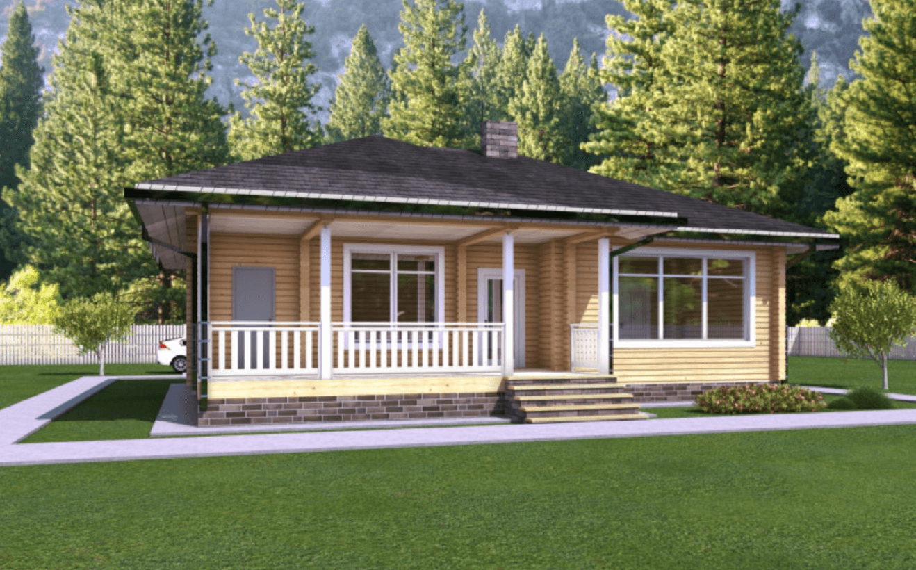 A modern wooden house with a covered porch and large windows, nestled among green trees.