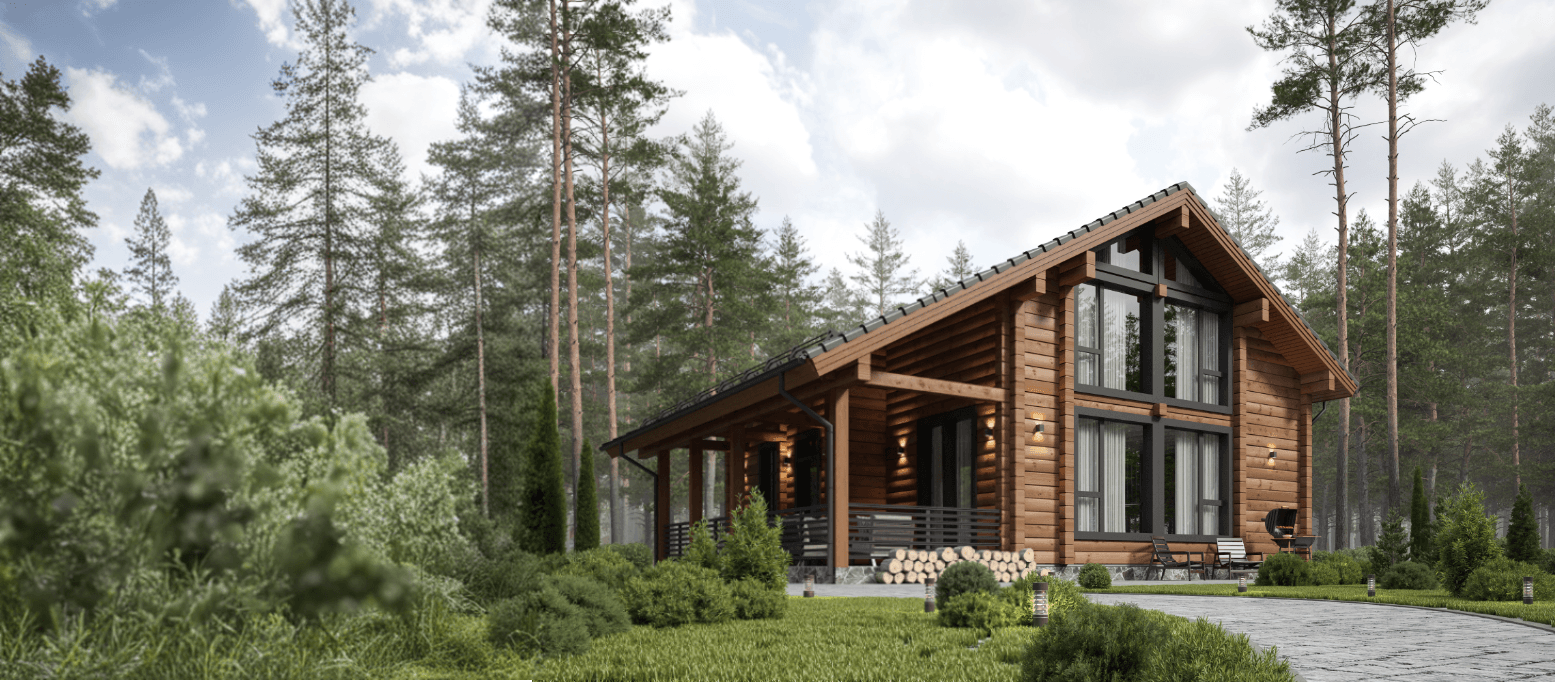 Modern wooden cabin with large windows nestled among tall pine trees and green foliage.
